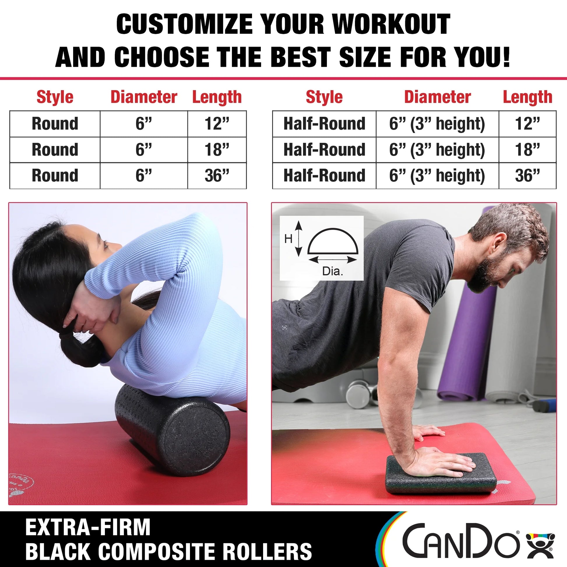 Cando Foam Roller - Black Composite - Extra Firm - 6" X 36" - Half-Round